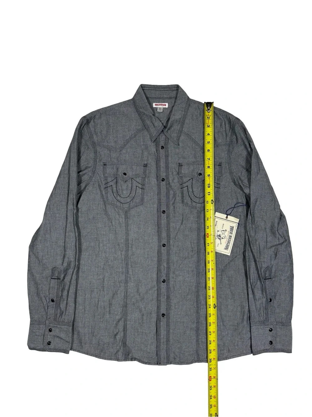 True Religion Western Pearl Snap Chambray Shirt Mens XL Black Gray Pockets NWT